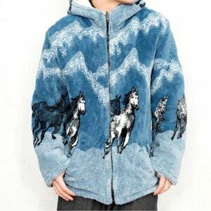 Nordic Lights Horse Equestrian Blue Reversible Fleece Jacket Coat Medium Vintage